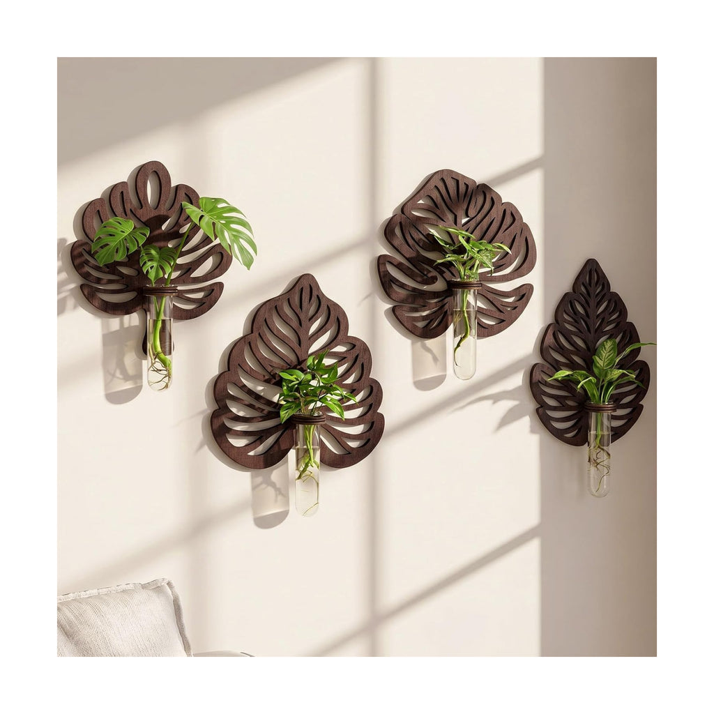 4 Sets Wooden Monstera Leaf Wall Mount, Leaf Shaped Hanging Wall Planter Terrarium Propagation Stations for Plants with