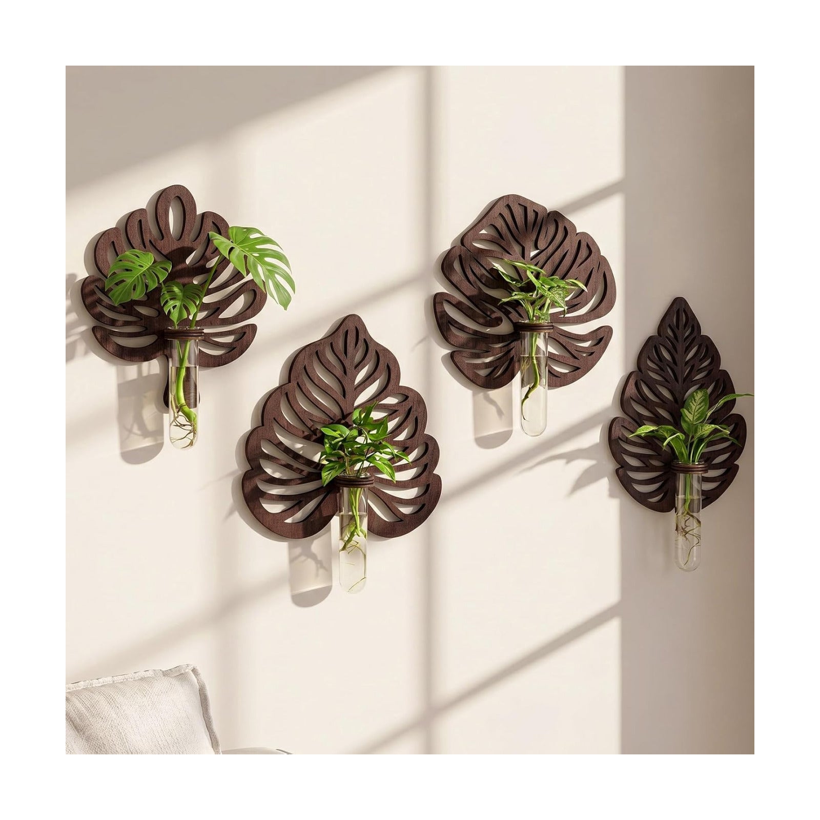 4 Sets Wooden Monstera Leaf Wall Mount, Leaf Shaped Hanging Wall Planter Terrarium Propagation Stations for Plants with
