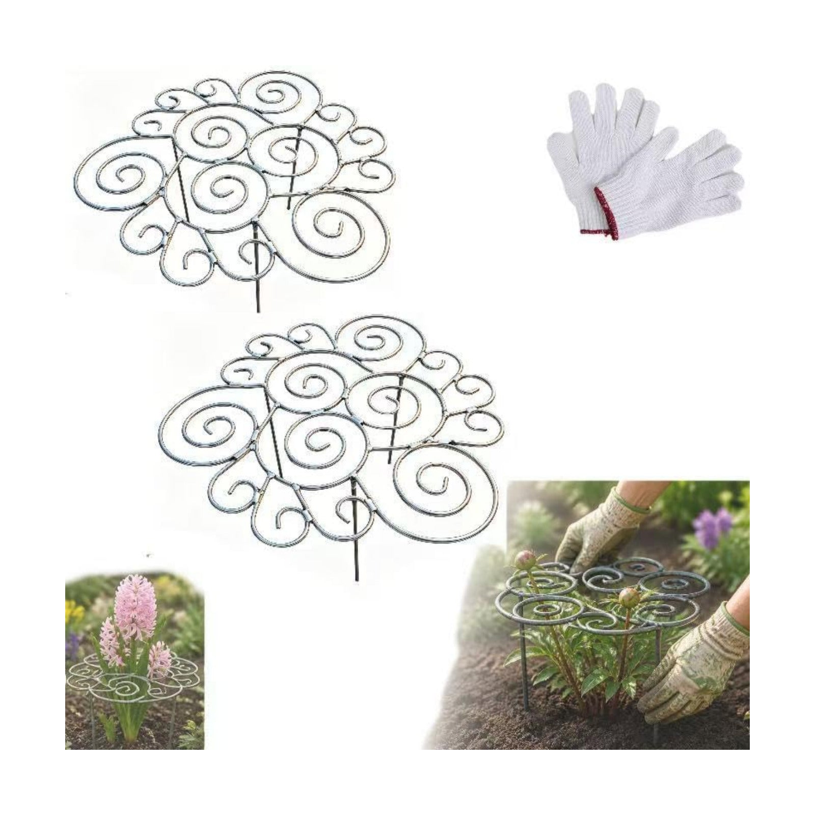 Metal Plant Support Ring for Garden, Heavy Duty Green Flower Hoop with Gardening Gloves, Peony Cage Stand for Outdoor