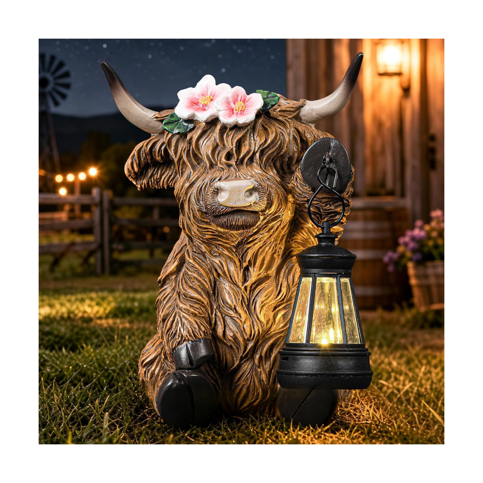 Solar Highland Cow Outdoor Garden Statue, Waterproof Resin Highland Cow Figurines with Lantern, Yard Animal Decorations