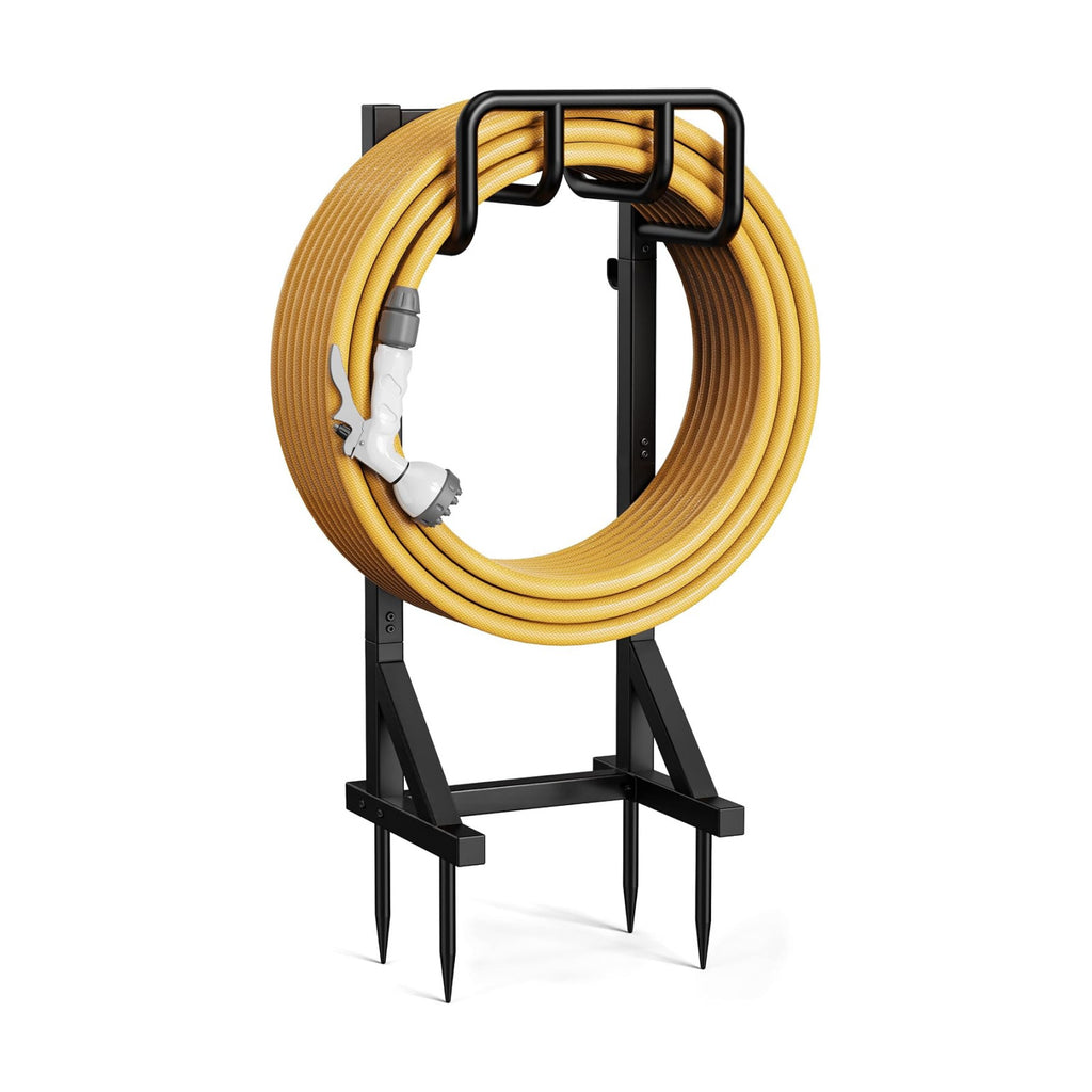 Garden Hose Holder Stand, Freestanding Heavy Duty Metal Hose Holder with Stable Base and Tool Hooks, Rustproof Water