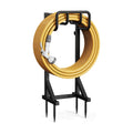 Garden Hose Holder Stand, Freestanding Heavy Duty Metal Hose Holder with Stable Base and Tool Hooks, Rustproof Water