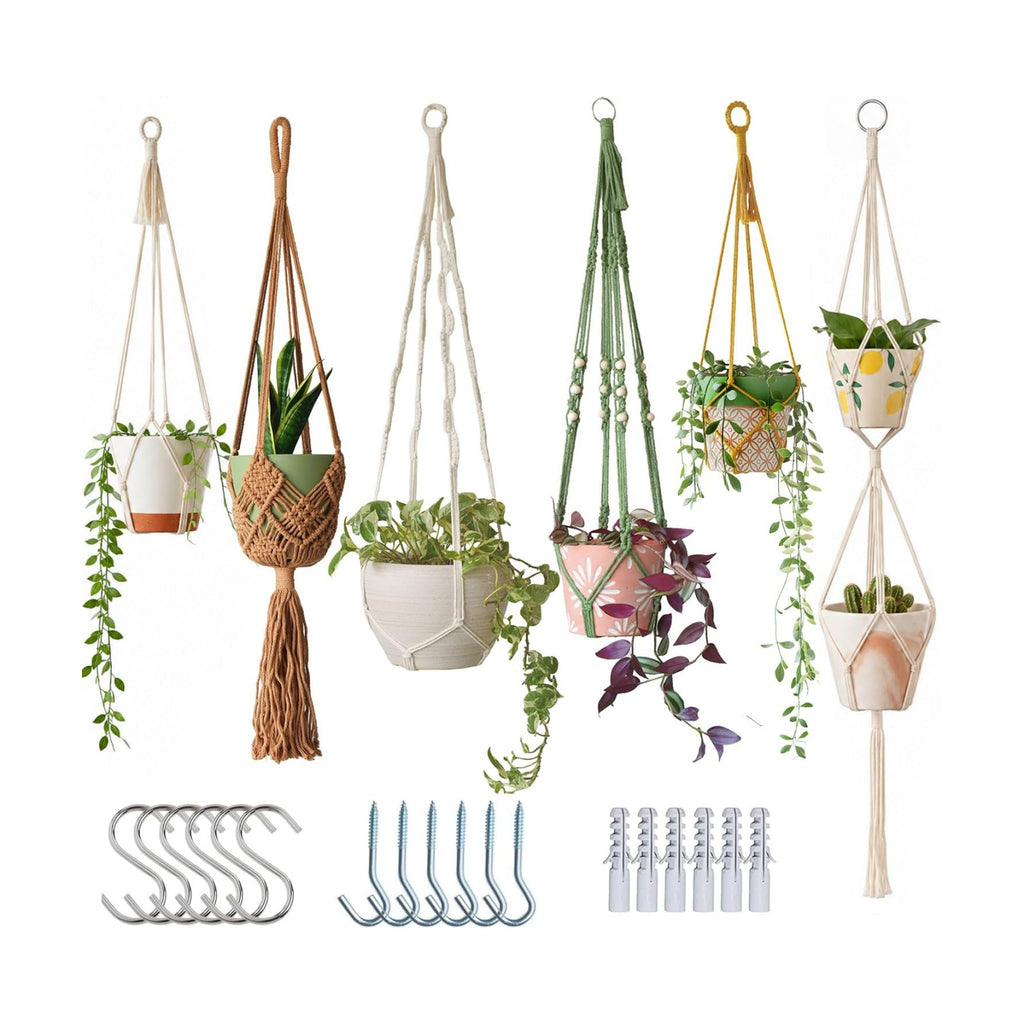 Bouqlife 6 Pack Macrame Plant Hangers Set with Hooks Indoor Hanging Planters with Patterns Handmade Cotton Rope Crochet