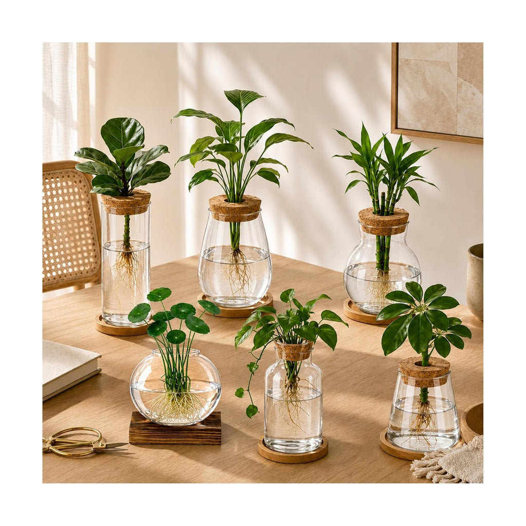 6 Pcs Plant Propagation Station Set, Glass Propagation Vases for Plants with Wooden Lids & Bamboo Stands, Hydroponic