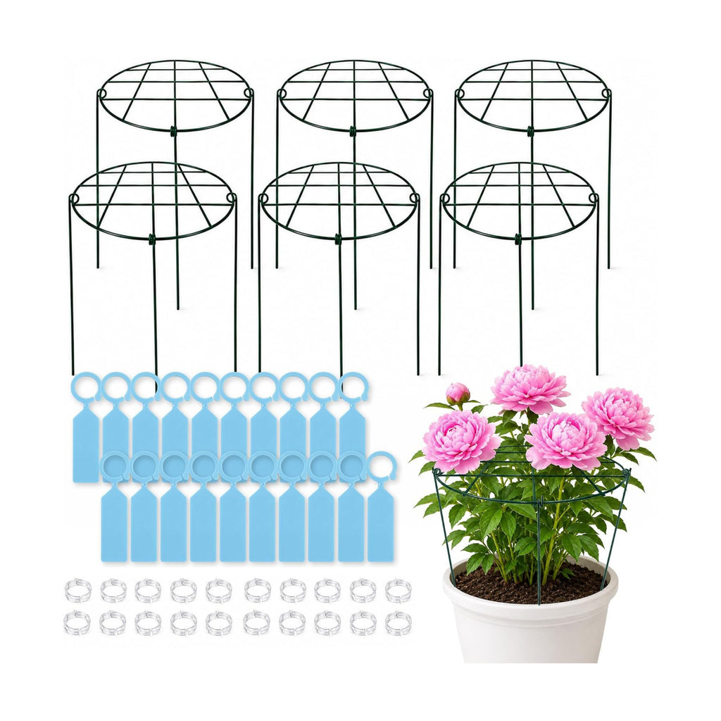 6-Pack Plant Support Stakes 11.8"x 15.7" Metal Plant Support Rings, Rustproof Peony Cages with 3-Leg Stand for