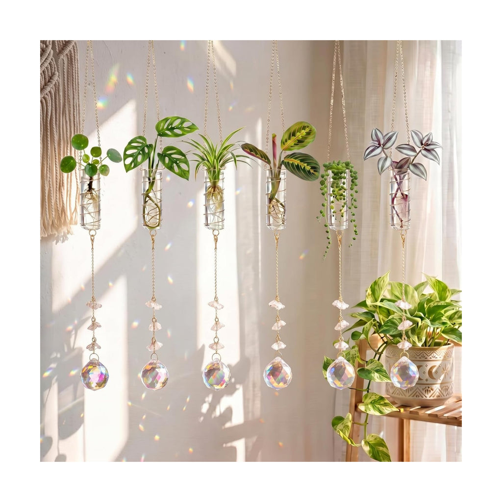 6 Pcs Plant Propagation Station Colorful Crystal Suncatcher, Handmade Boho Rooting Vase, Hanging Window Plant Propagator Stations Suncatcher with Chain Pendant Ornament Balls (Flower)
