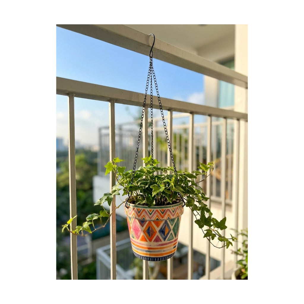 D'ORAMIE Boho Hanging Planter - 5.1" Stoneware Moroccan Geometric Pattern | Ceramic Indoor Outdoor Flower Pot with Iron