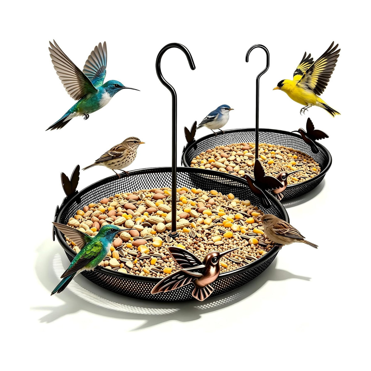KiRuan Hanging Bird Feeder Tray, Metal Mesh Platform Feeders for Small Wild Birds, Mesh Bird Feeders for Outdoors, Easy to Refill and Clean (Hook Bird Feeder Tray 2 Pack)