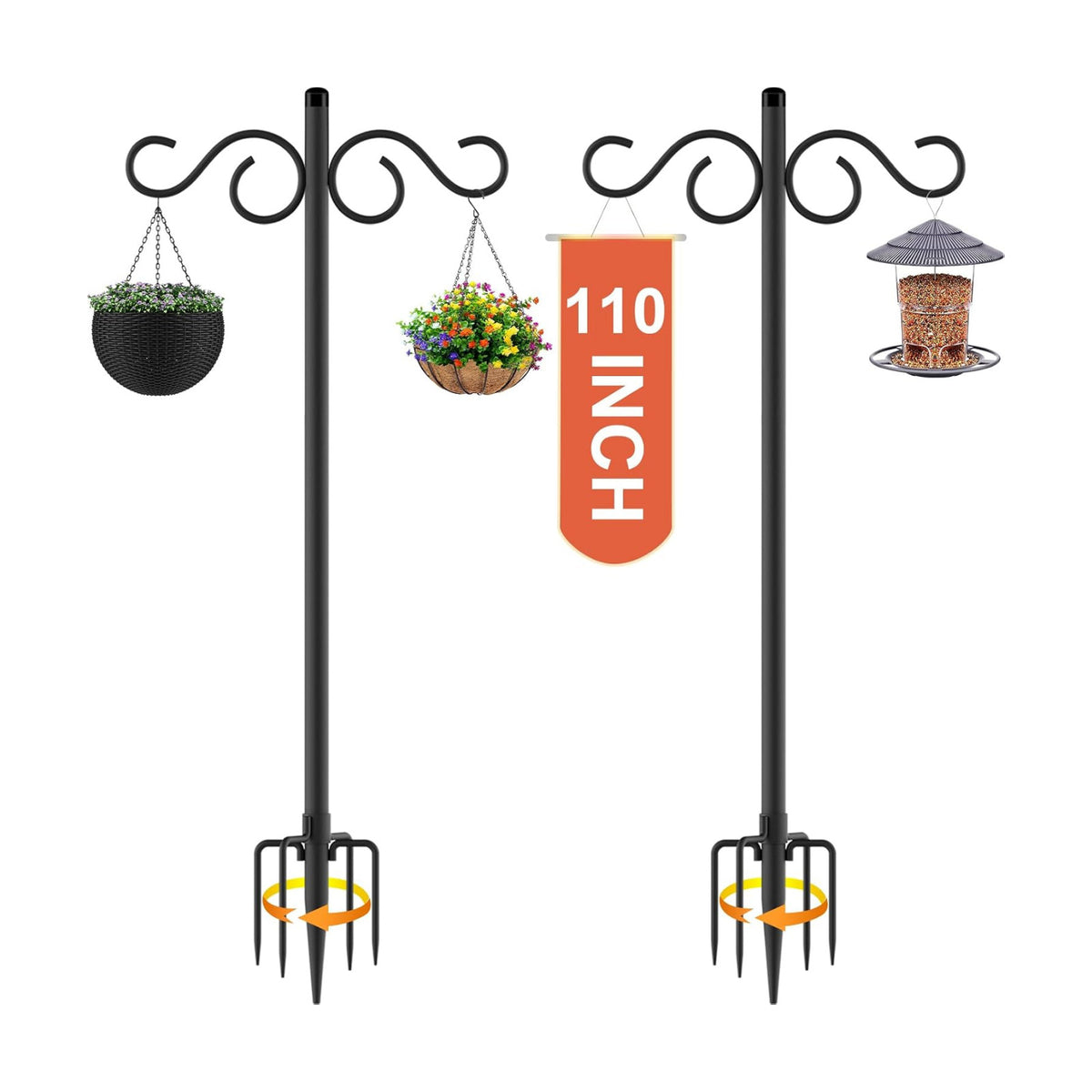 RCUICA Double Shepherds Hooks for Outdoor,2 Pack 110Inch Bird Feeder Pole with 5 Prongs Base,Heavy Duty Shepherds Hook,Suitable for Garden in Hanging Flower Basket,Lantern,Bird Nests (110 inch)