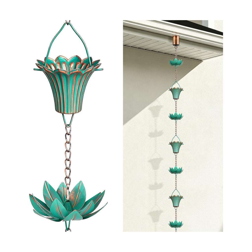 10 FT Lotus Rain Chain with Adapter for Gutters Downspouts Outside | Large Opening to Avoid Splashing, Adjustable