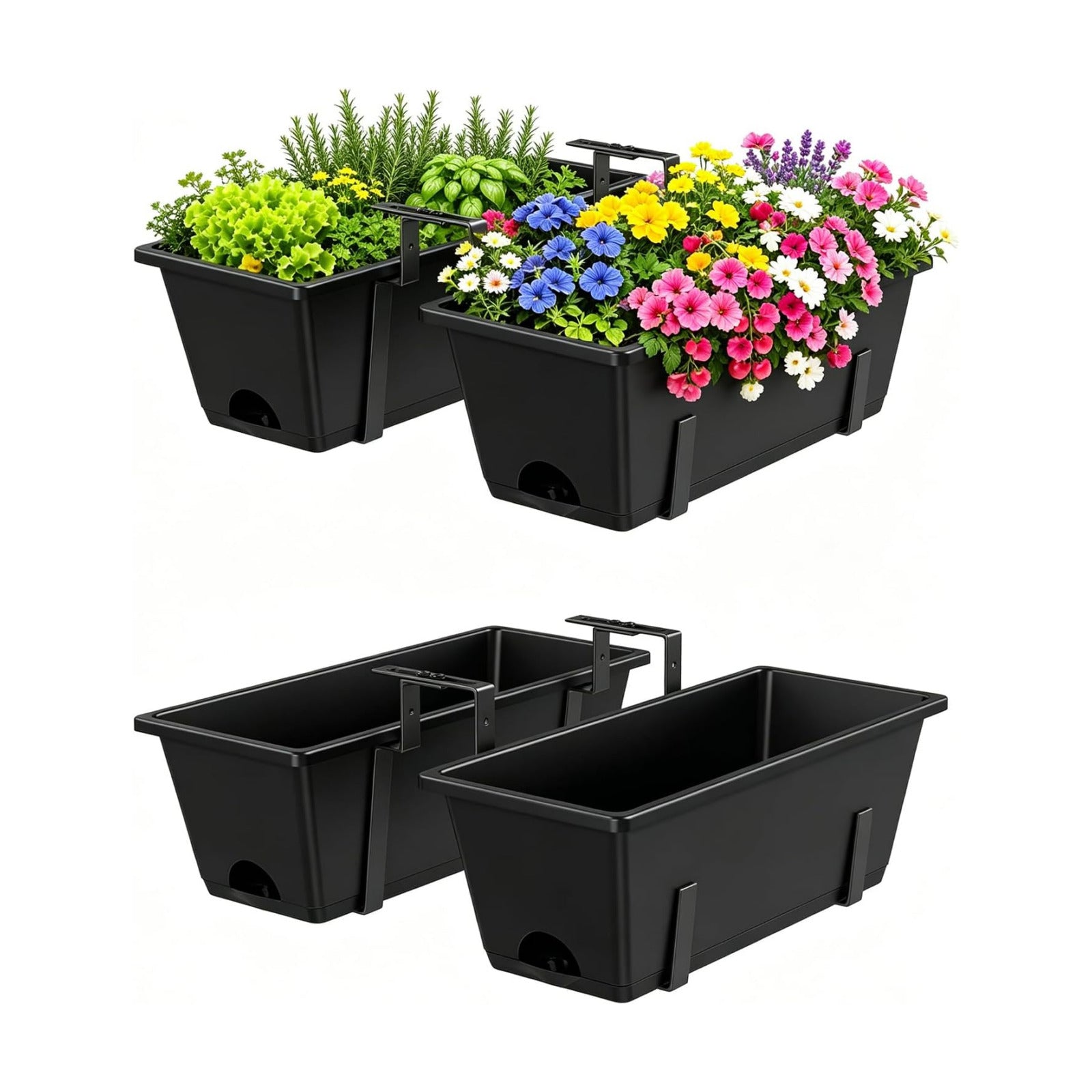 Railing Planter Box Adjustable Window Boxes Planters Set of 2, Black | Hanging Balcony Planters with Removable Bracket