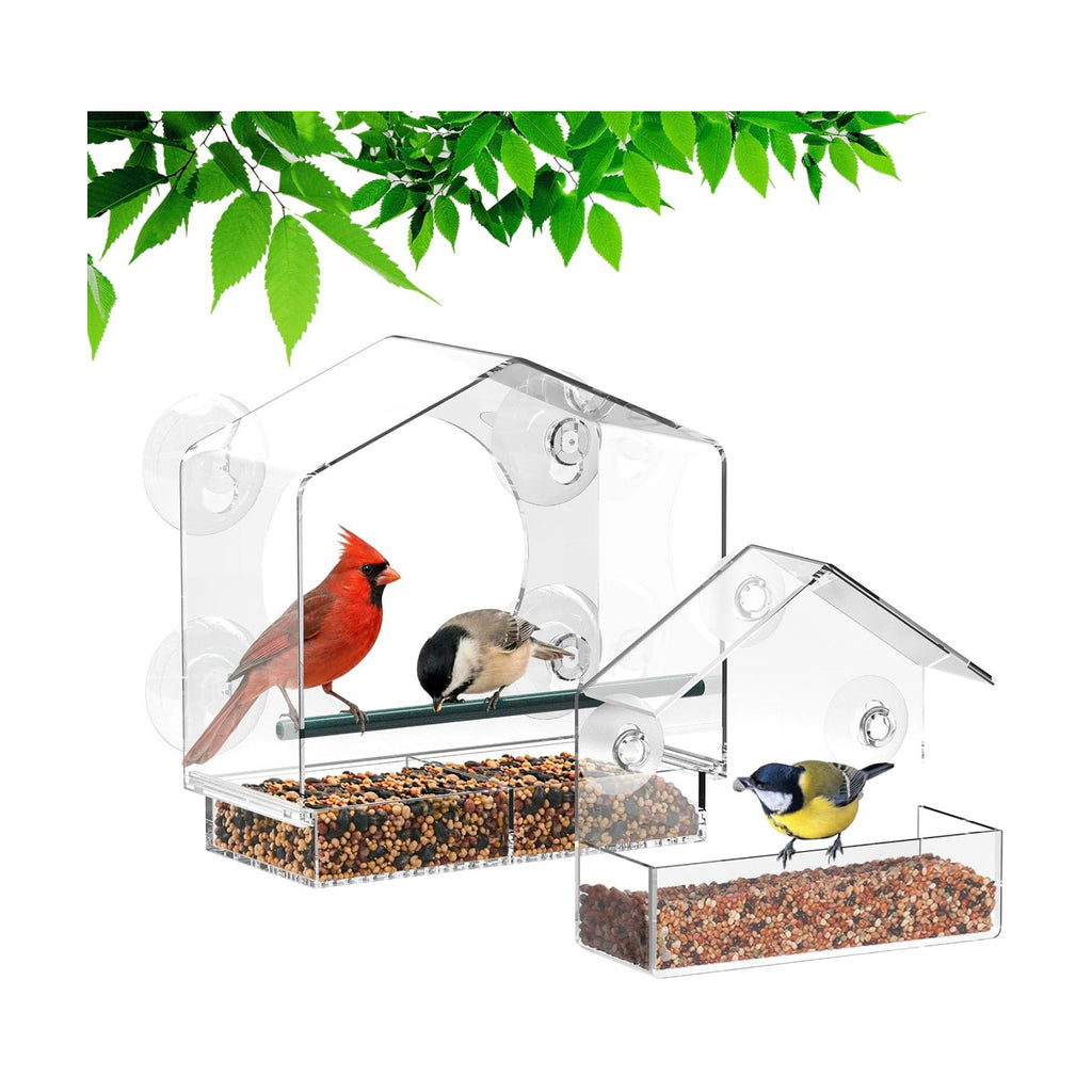 2Pcs Window Bird Feeder, Clear Acrylic Bird Feeder for Outside Window, Strong Suction Cups, Easy Fill & Clean Tray, Wild Bird Watching Gift for Nature Lovers (Large + Small)