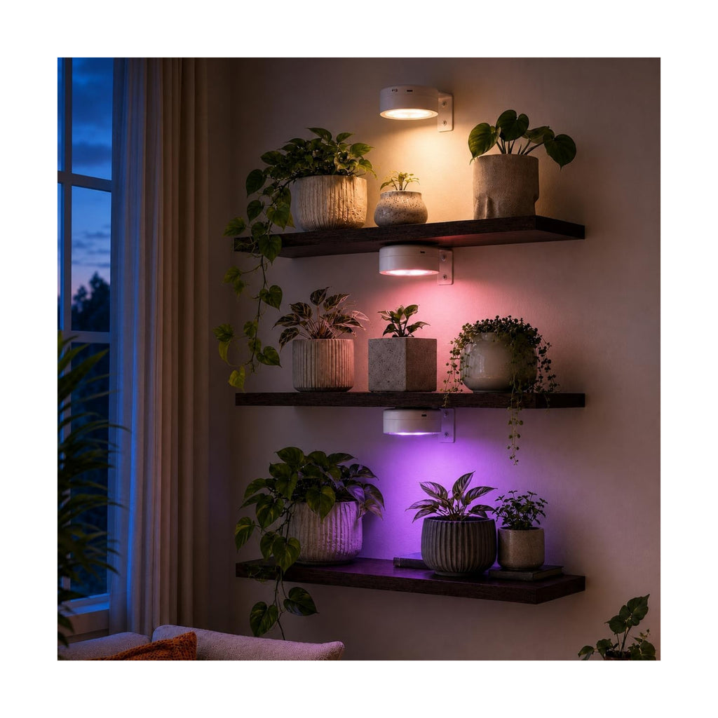 Set of 3 Floating Shelves for Wall with 3 Rechargeable Plant Grow Lights | Growing Lights with Remote Timer, Indoor