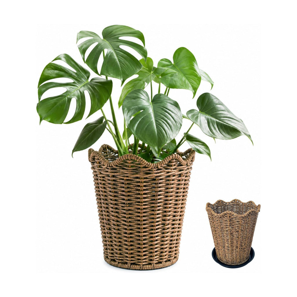 Rattan Planter, Woven Planter Basket for Plants Indoor Outdoor, Rattan Flower Pot, Decorative Plant Holder Basket for Garden Patio Boho Home Decor (Brown&with Base-8.66" H x 7.48" W)