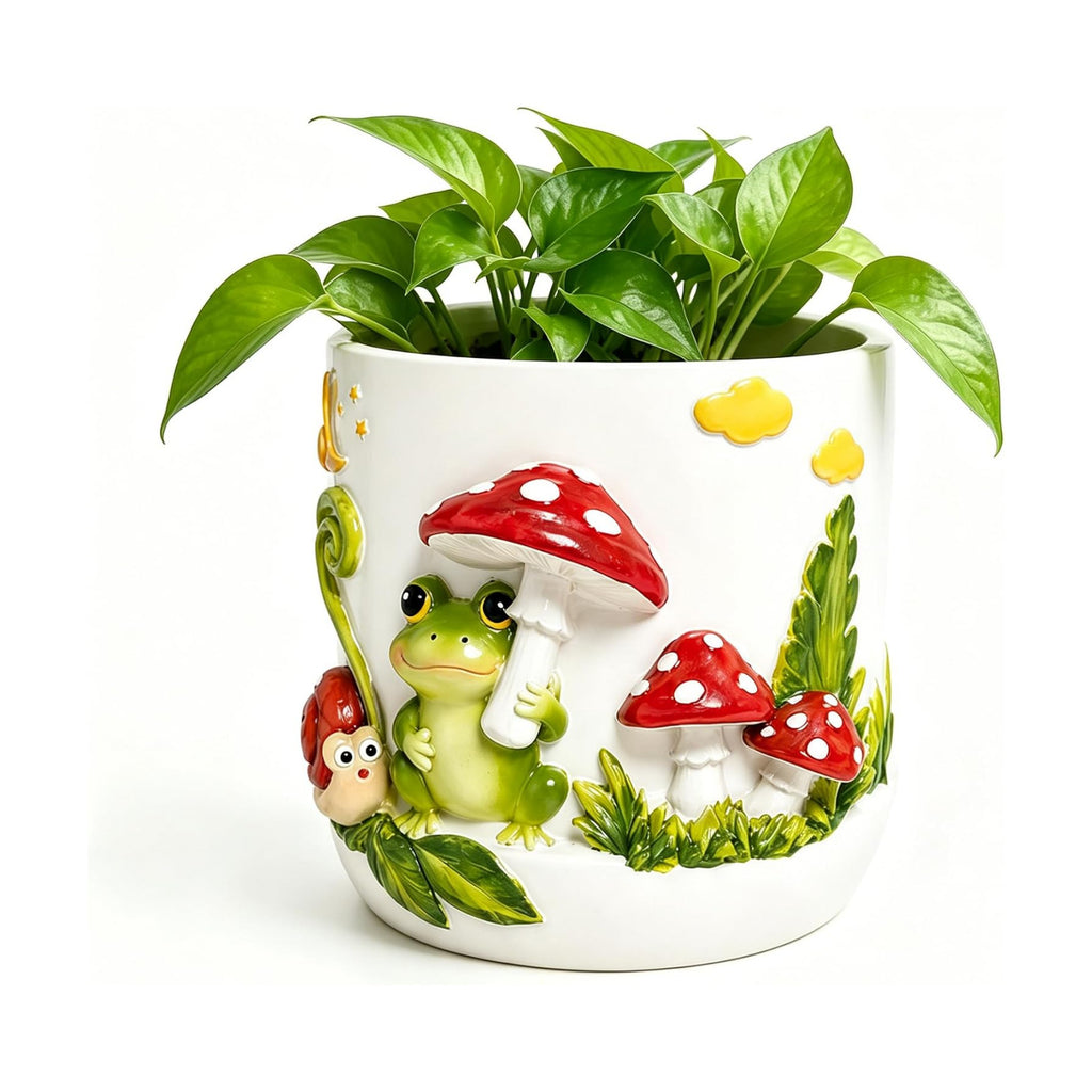 Frog Mushroom Planter Pot with Drainage, Frog Flower Vase, Mushrooms Decor Plant Pot for Garden, Entryway, Living Room