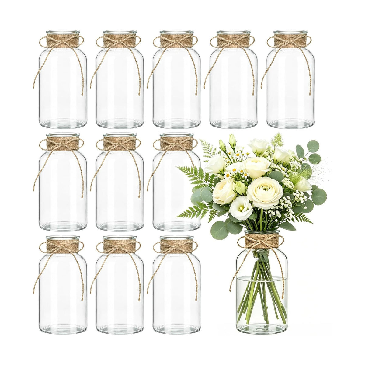 Glass Flower Vase,12 PCS Farmhouse Mason Jar for Centerpiece
