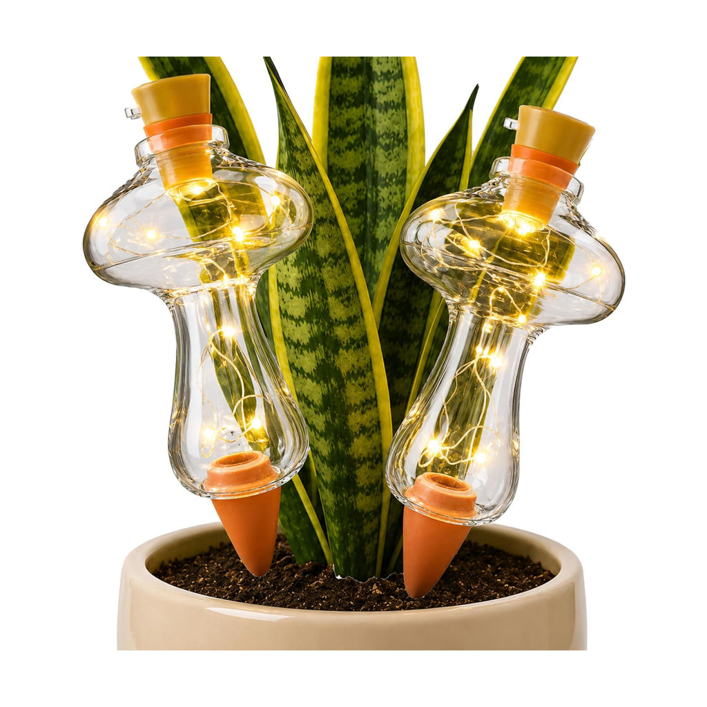 11 oz Plant Self Watering Globes Top Fill, Mushroom Plastic Self Watering Bulbs, LED Night Light Automatic Waterer with