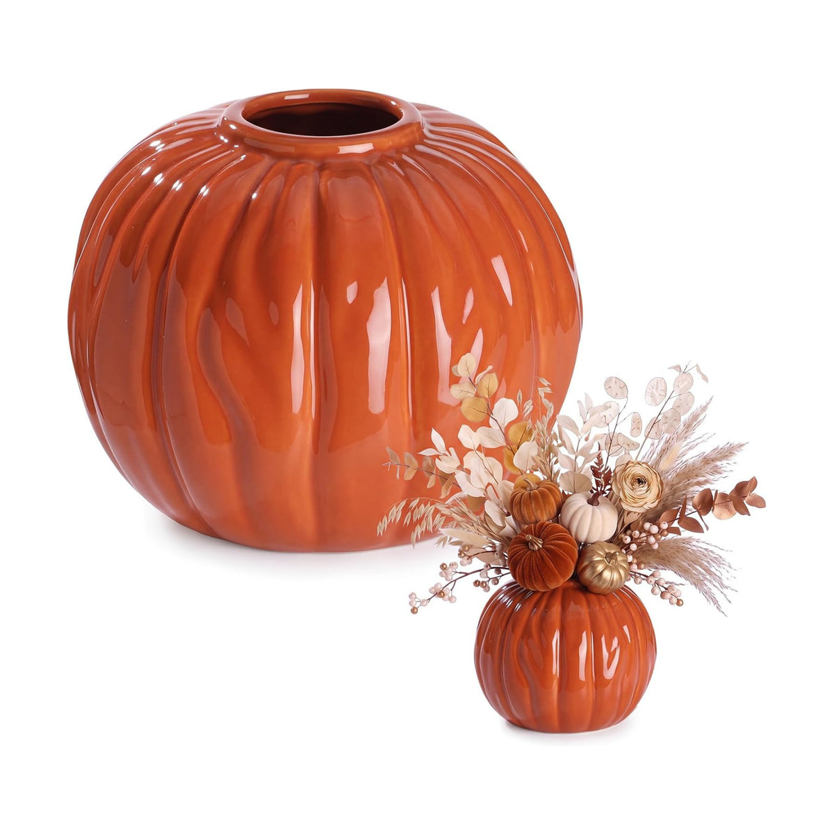 FoldTier Orange Pumpkin Fall Flower Vase 5.5" Ceramic Pumpkin Flower Pot