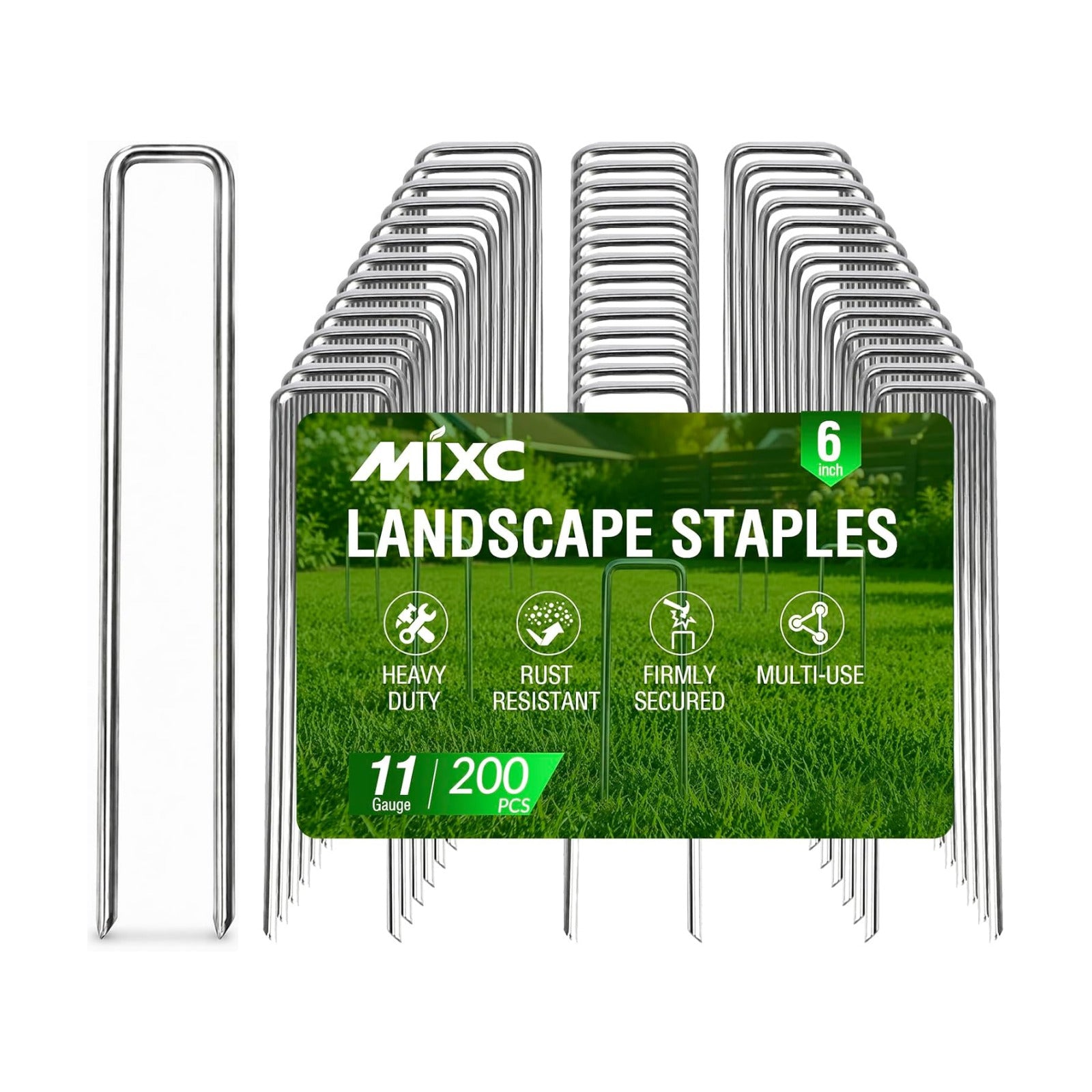 MIXC 200 Pack 6 Inch Landscape Staples for Lawn Yard | 11 Gauge, Galvanized Steel, U Shaped, Anti-rust Coating, Garden