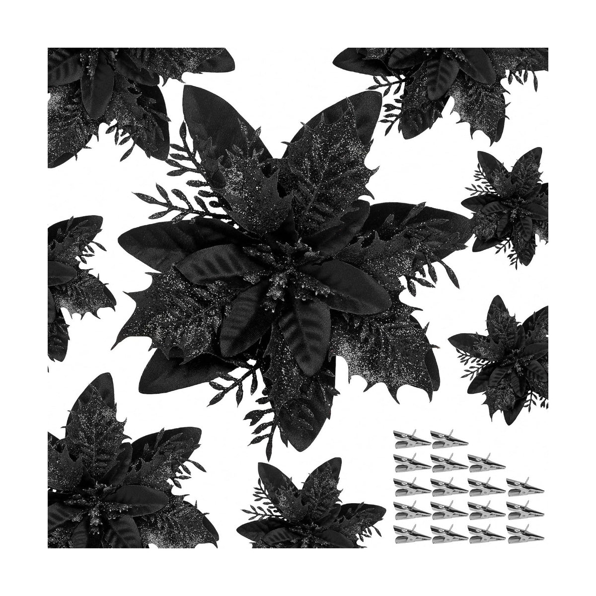 Childom 15 PCS Black Artificial Poinsettia Flowers with Clips,Christmas Decorations Glitter Poinsettia Christmas Ornaments Xmas Tree Flower with Stems DIY Xmas Wreath Home Holiday Party Supplies