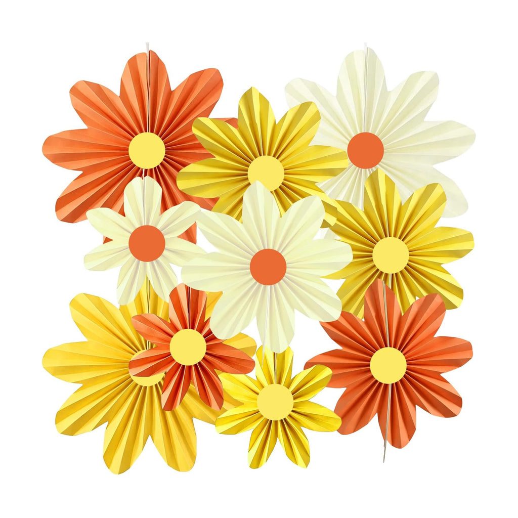 Orange Yellow Paper Flower Decorations Hanging Paper Fans 10Pcs