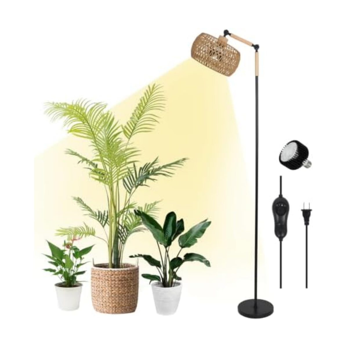HMVPL Grow Lights for Indoor Plants Full Spectrum, Plant Lights for Indoor Growing with 20W COB Grow Blub, Rattan Shade, Timer, Standing Tall Grow Lamp for Middle Large Plants(75'', Height Adjustable)
