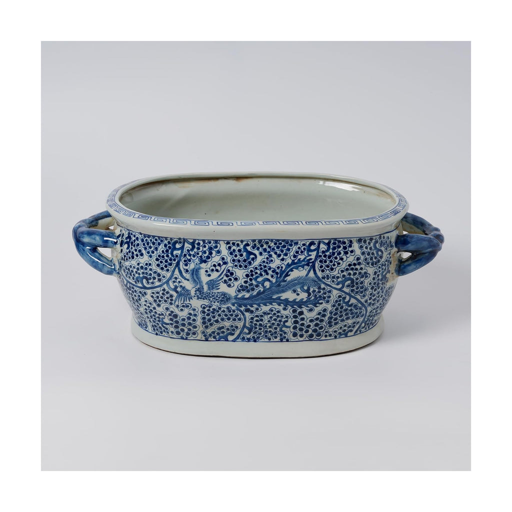 JINDEZHEN Vintage Blue and White Flower & Birds Porcelain Footbath Planter Chinoiserie Scenery Motif Ceramic Flower Pot