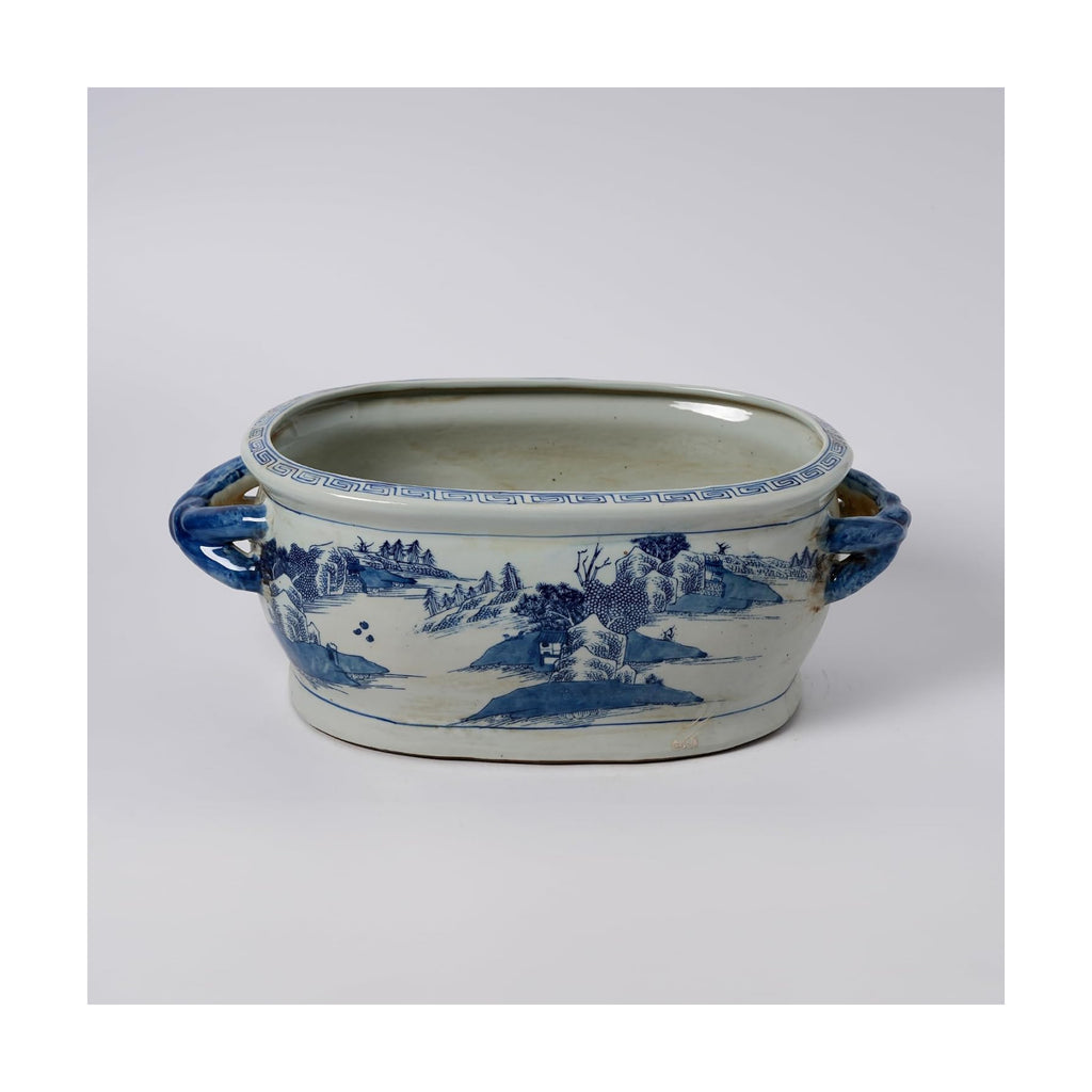 JINDEZHEN Vintage Blue and White Flower & Birds Porcelain Footbath Planter Chinoiserie Scenery Motif Ceramic Flower Pot