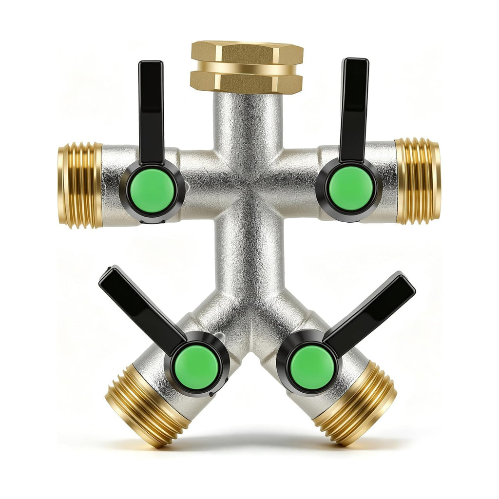4 Way Hose Splitter, Heavy Duty Brass Garden Hose Connector, 3/4" GHT Water Spigot Splitter with 4 Shutoff Valves, High