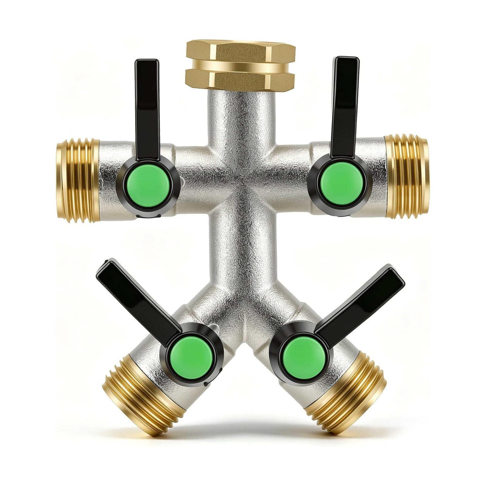 4 Way Hose Splitter, Heavy Duty Brass Garden Hose Connector, 3/4" GHT Water Spigot Splitter with 4 Shutoff Valves, High