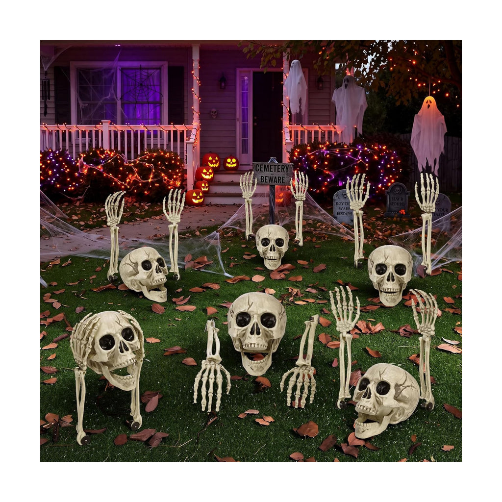 Chunful 18 Pcs Halloween Skeleton Stakes Decoration, Skull Head Arms, White