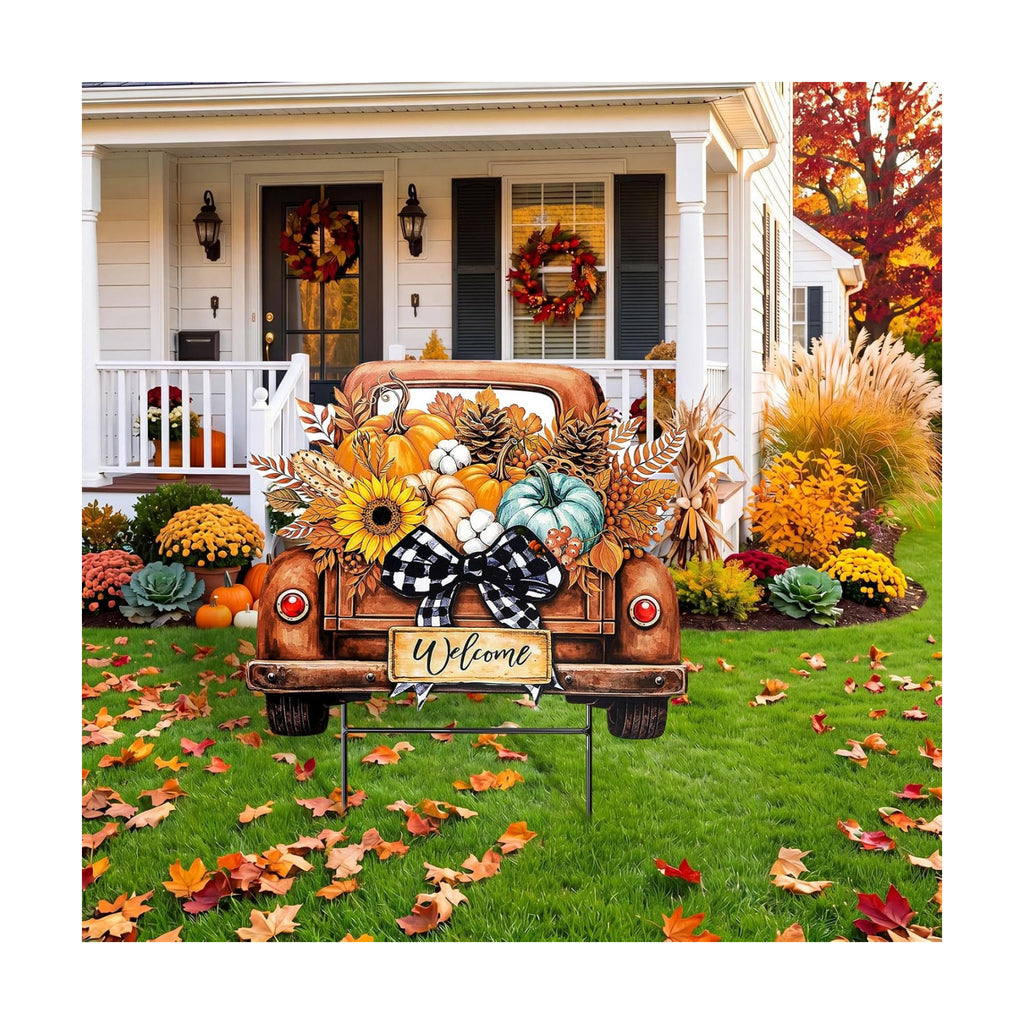 Weysat Fall Decor Outdoor Metal Pumpkin Truck Welcome Yard Sign with Bow
