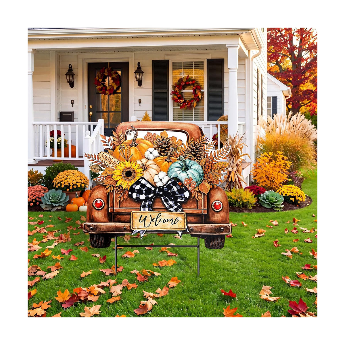 Weysat Fall Decor Outdoor Metal Pumpkin Truck Welcome Yard Sign with Bow