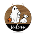 Halloween Ghost Walking Dog Door Sign Decorations Round Welcome Wood Wreath