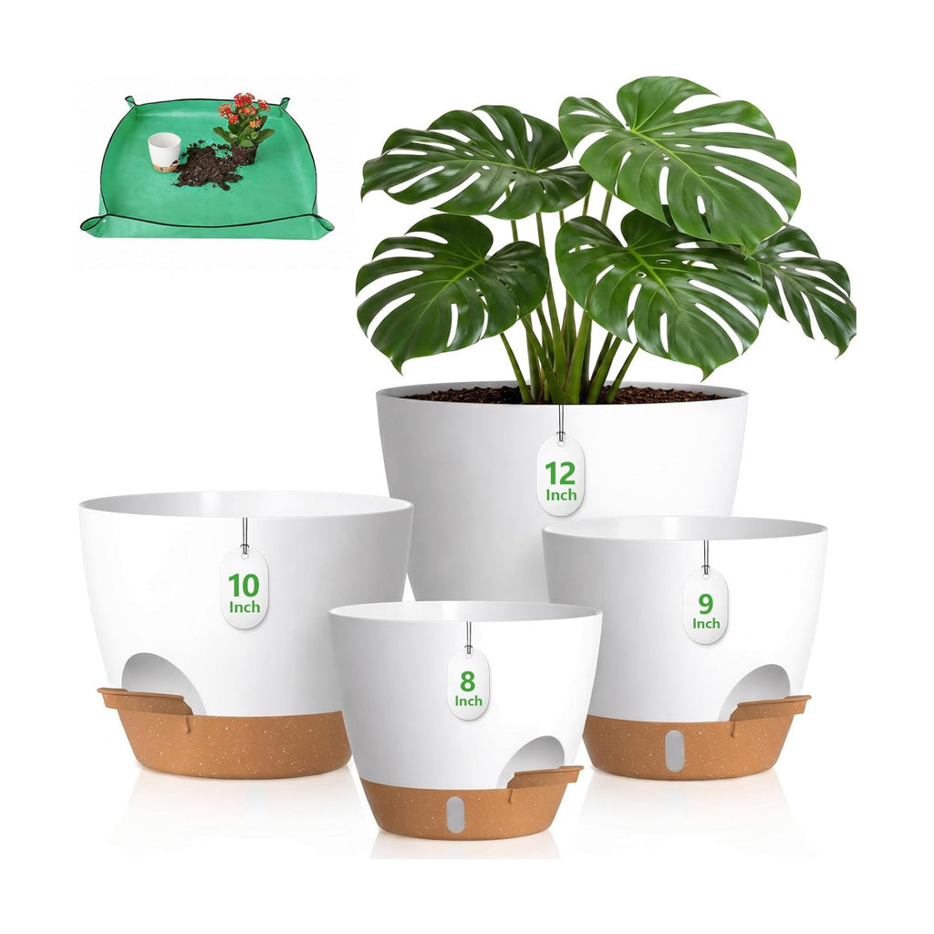 Large Self Watering Pots for Indoor Plants, 12/10/9/8 Inch White | Repotting Mat Included, Water Level Indicator, Deep