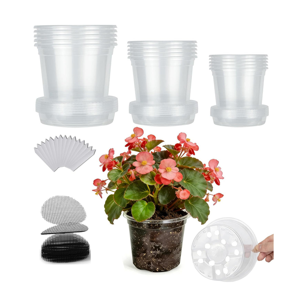 15-Pack Clear Nursery Pots with Saucers (3/4/5 Inch)