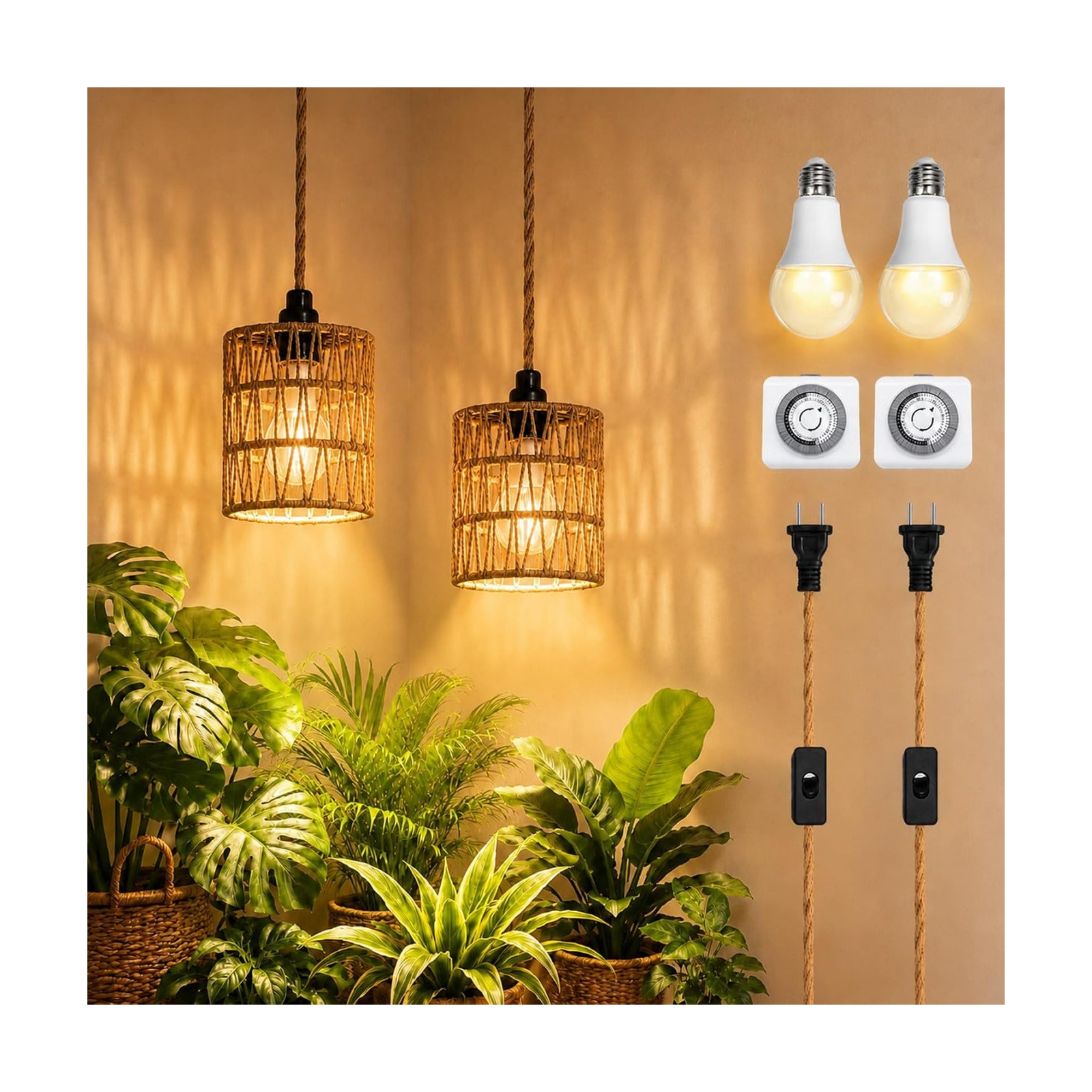 2 Pack Hanging Grow Lights for Indoor Plants Boho Rattan Plant Light | 15FT Power Cord with Timer, 15W Full Spectrum