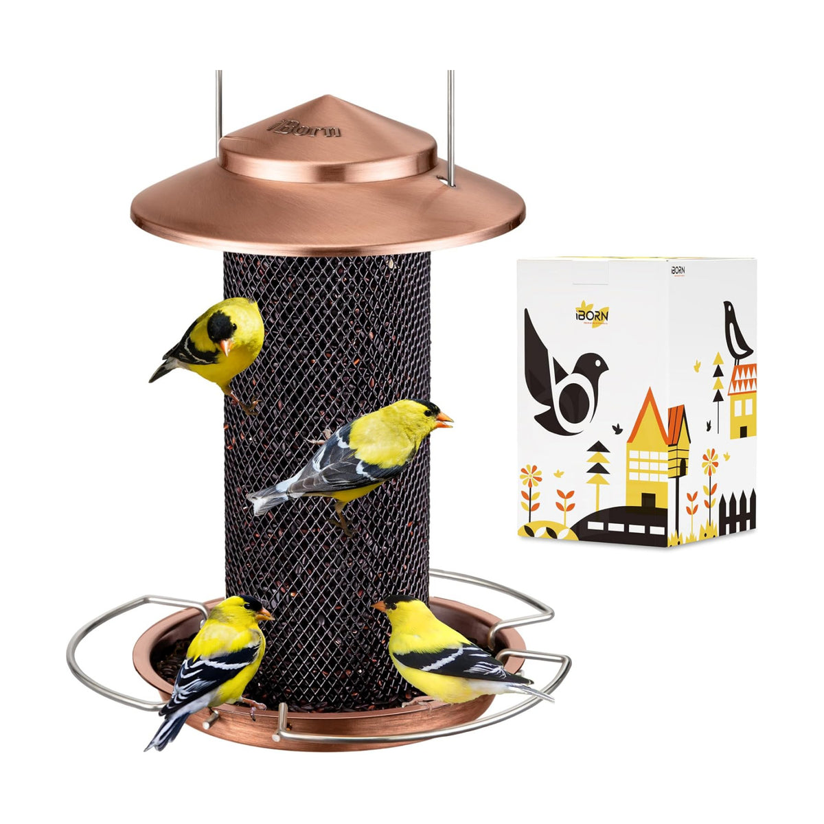 iBorn Wild Bird Feeder for Outside, Tube Bird Feeder for Finches with 3-Fold Stands, Mesh Body, Easy-Clean Detachable Base, 1.5L Small Seed Feeder for Yard and Garden, Copper, Pack of 1