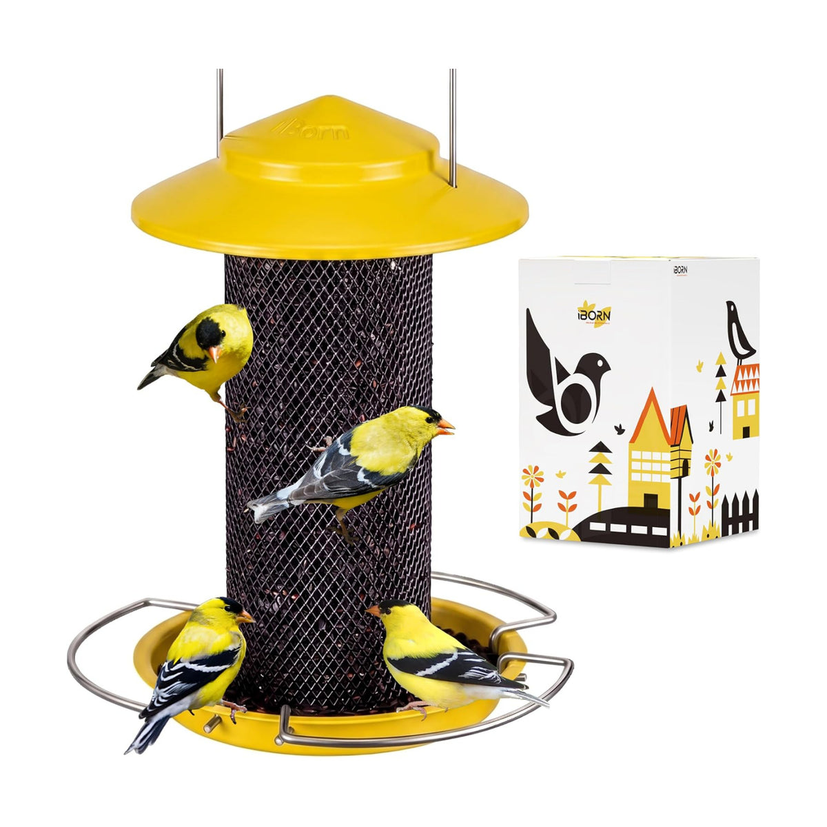 iBorn Tube Bird Feeder for Small Seeds, Wild Bird Feeder with 3 Fold-Down Perches, Detachable Easy-Clean Mesh Design, Locking Base, 1.5L Metal Bird Seed Feeder for Outside, Yellow, Pack of 1