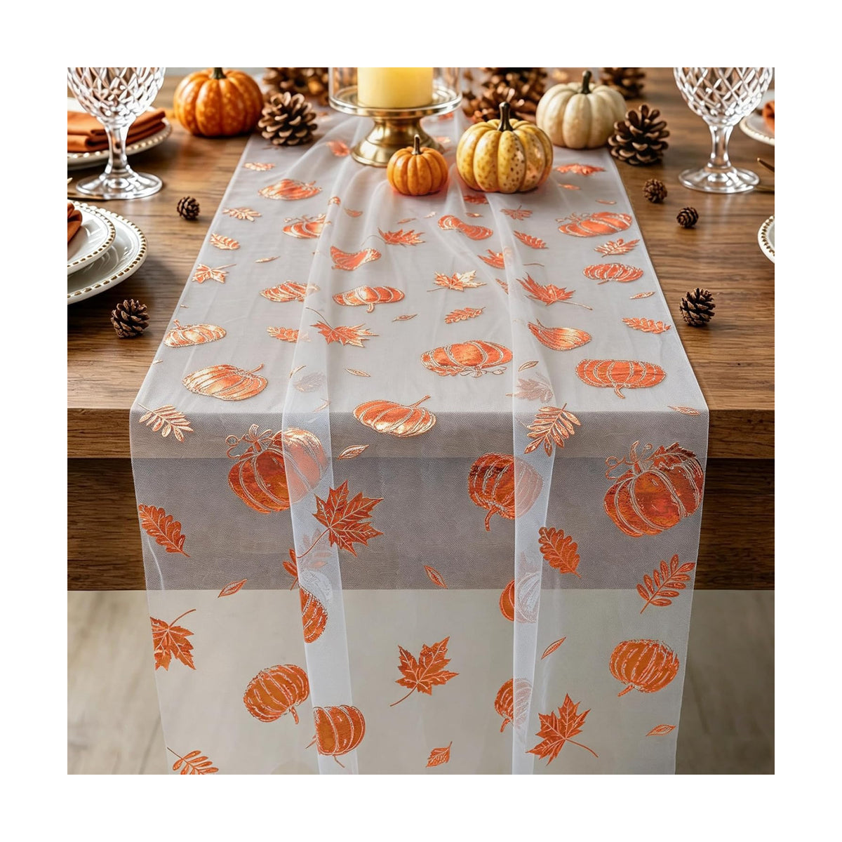 Fall Gauze Table Runner Glitter Pumpkins Maple Leaves Autumn Decor 120 Inch
