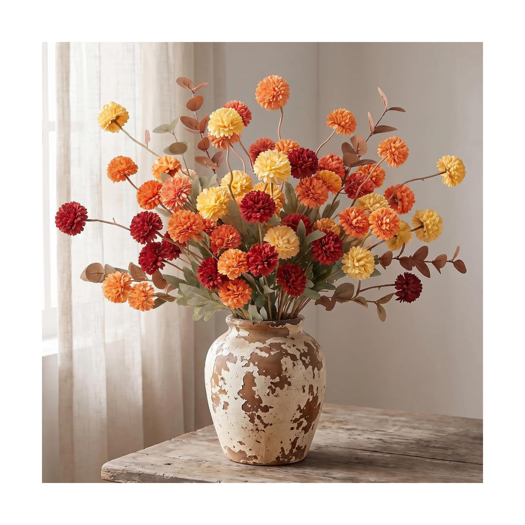 14Pcs Fall Flowers Artificial Fake Silk Pompom Mum with Eucalyptus for Vase
