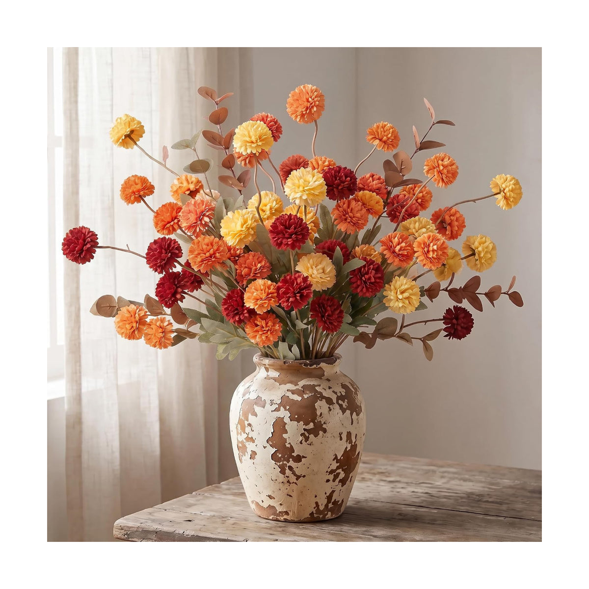 14Pcs Fall Flowers Artificial Fake Silk Pompom Mum with Eucalyptus for Vase