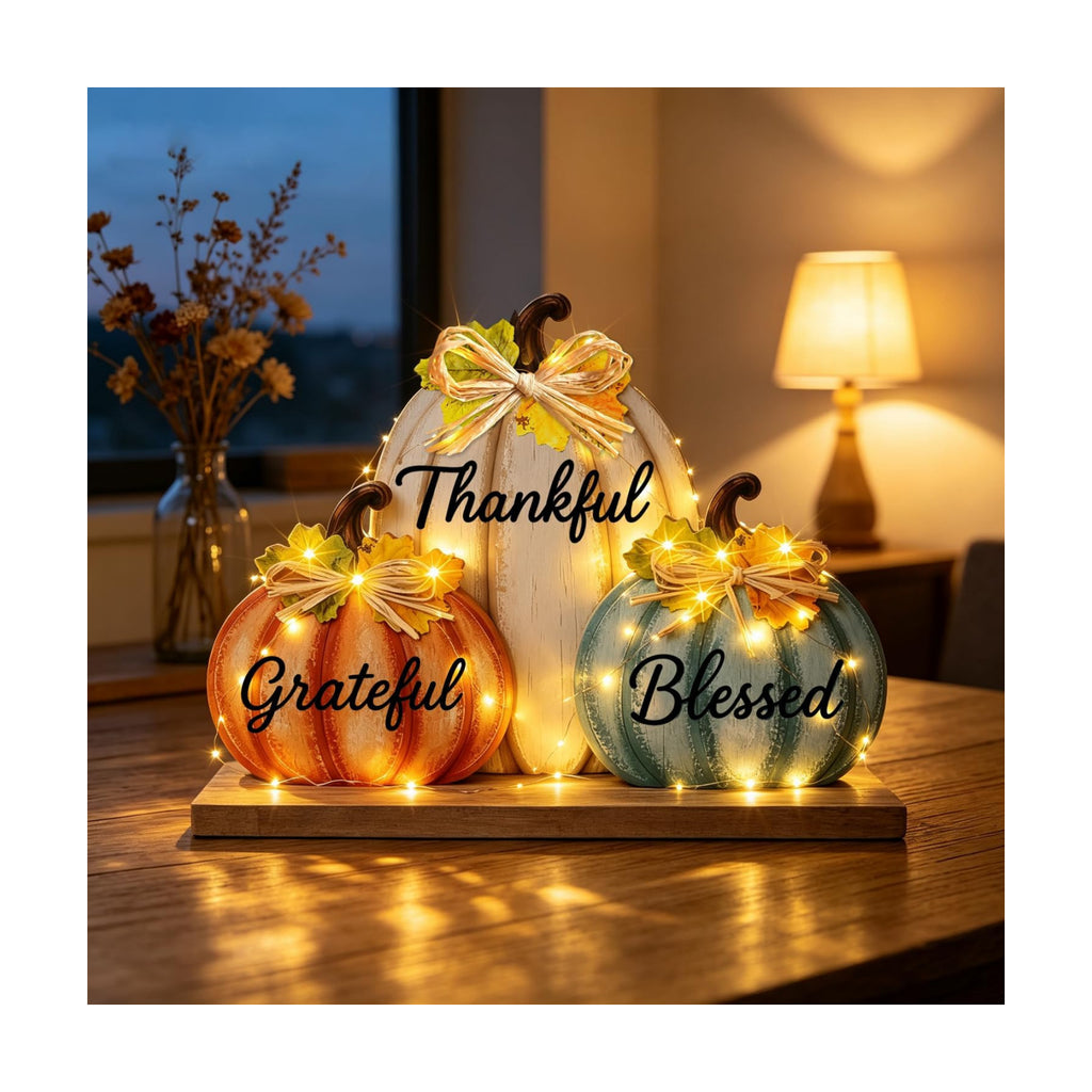 Fall Pumpkin Decor with LED Lights, Wooden Thanksgiving Table Sign "Blessed Grateful Thankful", Rustic Harvest Home Decoration for Living Room Mantle Office Desk Bedroom (Pumpkin)