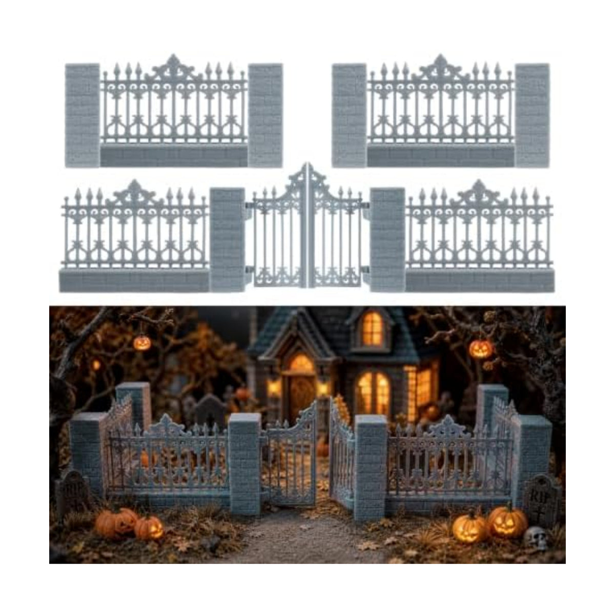 Warmtree 12 Pcs Halloween Village Fence Accessories with Gates and Pillars
