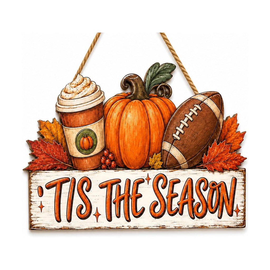 Fall Wall Decor Wooden Tis the Season Sign, Football Pumpkin Door Decor
