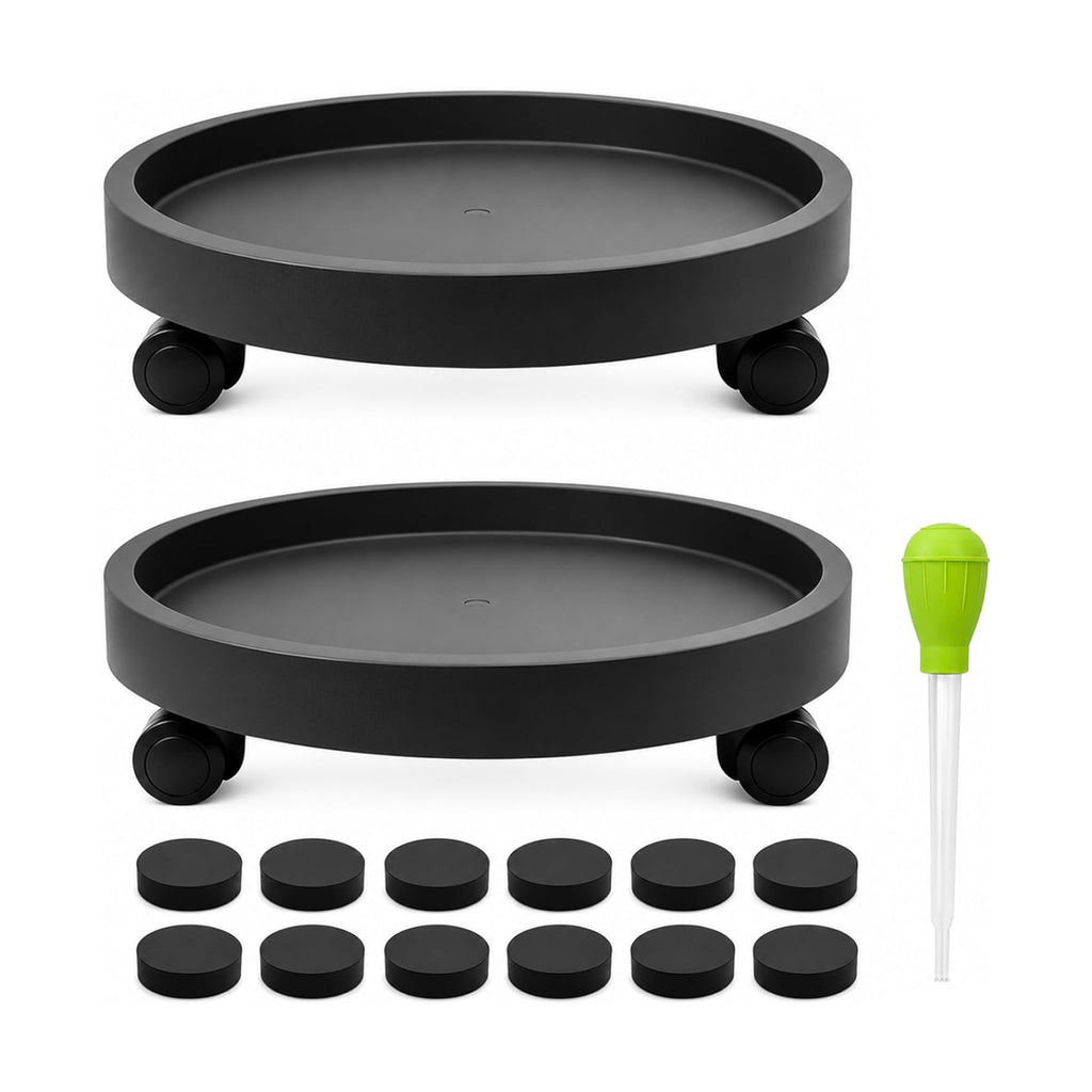 2 Pack 12.4" Plant Caddy with Wheels, Heavy Duty Rolling Plant Stand Dolly | Pot Feet & Water Removal Dropper, Black