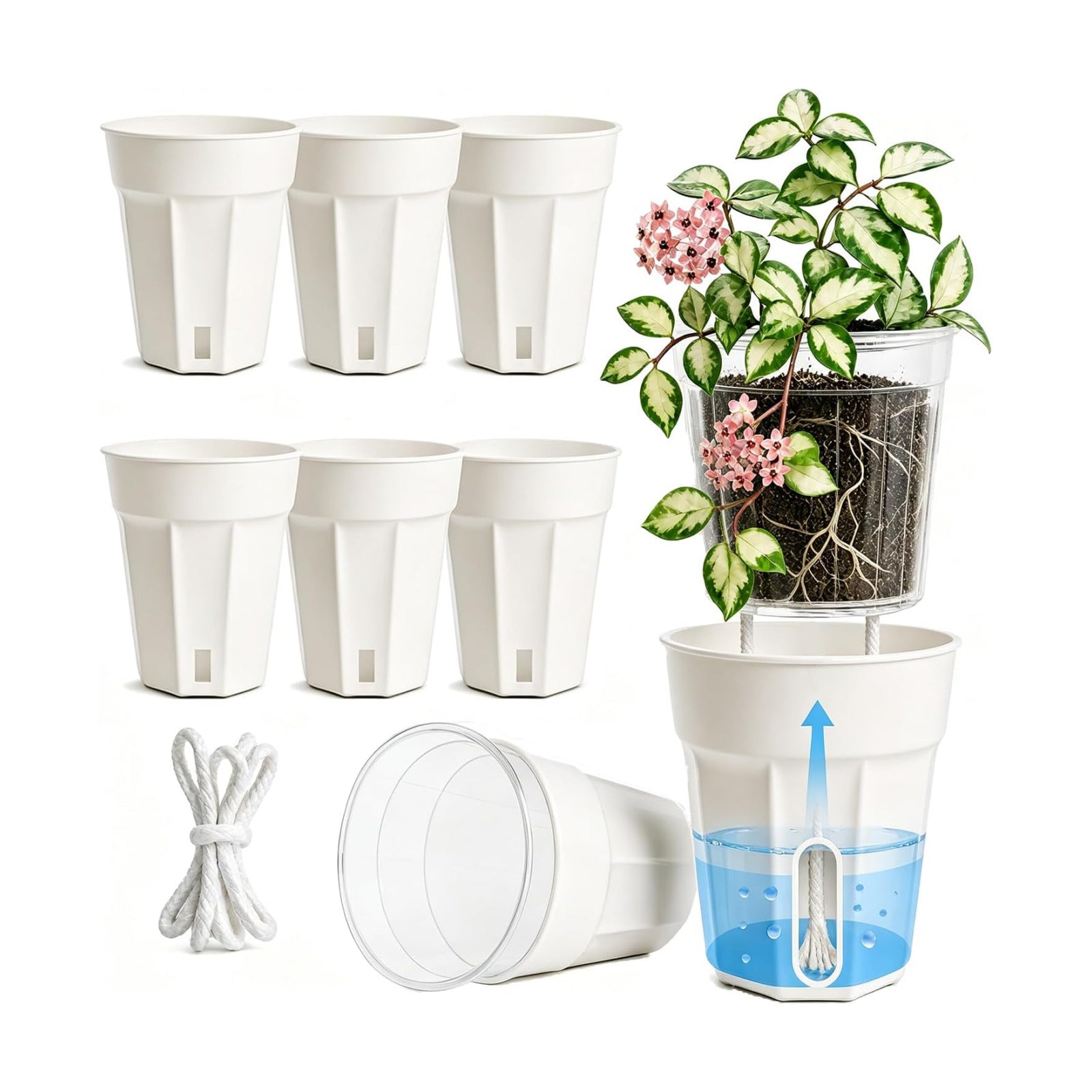 8 Pack 4" Self Watering Pots for Indoor Plants, Clear Inner Cup Planters with Drainage & Water Level Window, Absorbent