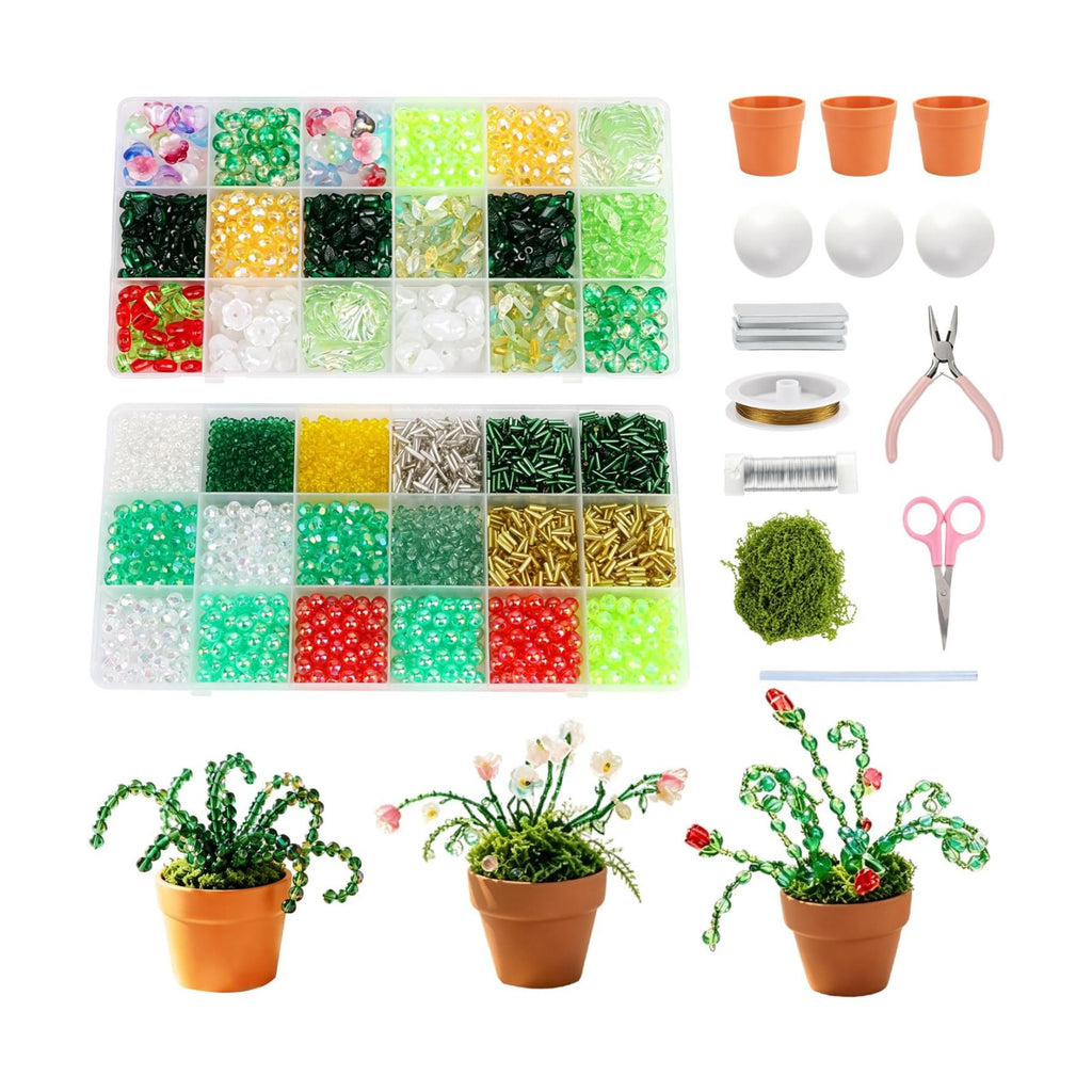 DREVIONARA 6384pcs Beaded Plants Kit Magnets for Fridge,Forever Plant Kit with Green Beads Leaf Glass Flowers for