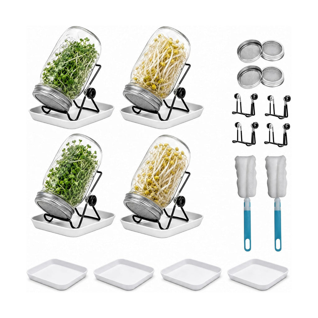 4 Pack Wide Mouth Sprouting Jar Kit, Lids, Stands, Trays & Cleaning Brushes | Glass Jar Set with with Stainless Steel
