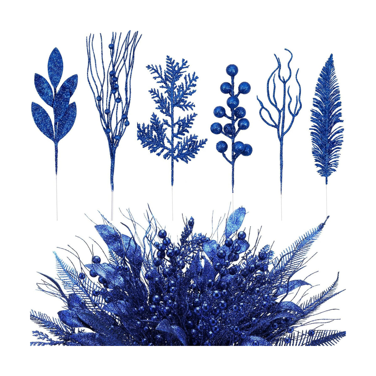 66 Pcs Christmas Glitter Picks and Sprays, Royal Blue